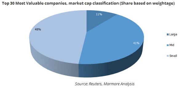 Top 30 Most Valuable companies, market cap classification (Share based on weightage)